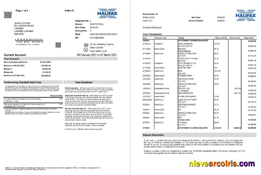 United Kingdom Halifax bank proof of address statement in Excel and PDF format (2 pages)